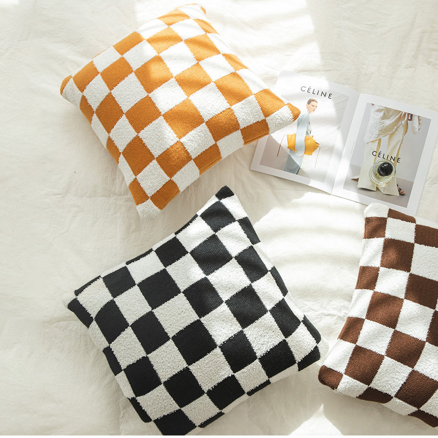 Checkerboard Plaid Plush Cushion Cover Knitted Pillow Curated Room Kits